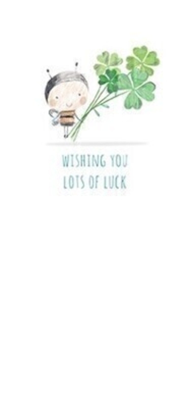 Wishing you lots of luck bumblebee and four leaf clover greetings card with envelope.  This card is blank inside for you to write your own message.  Perfect for sending someone good luck.
